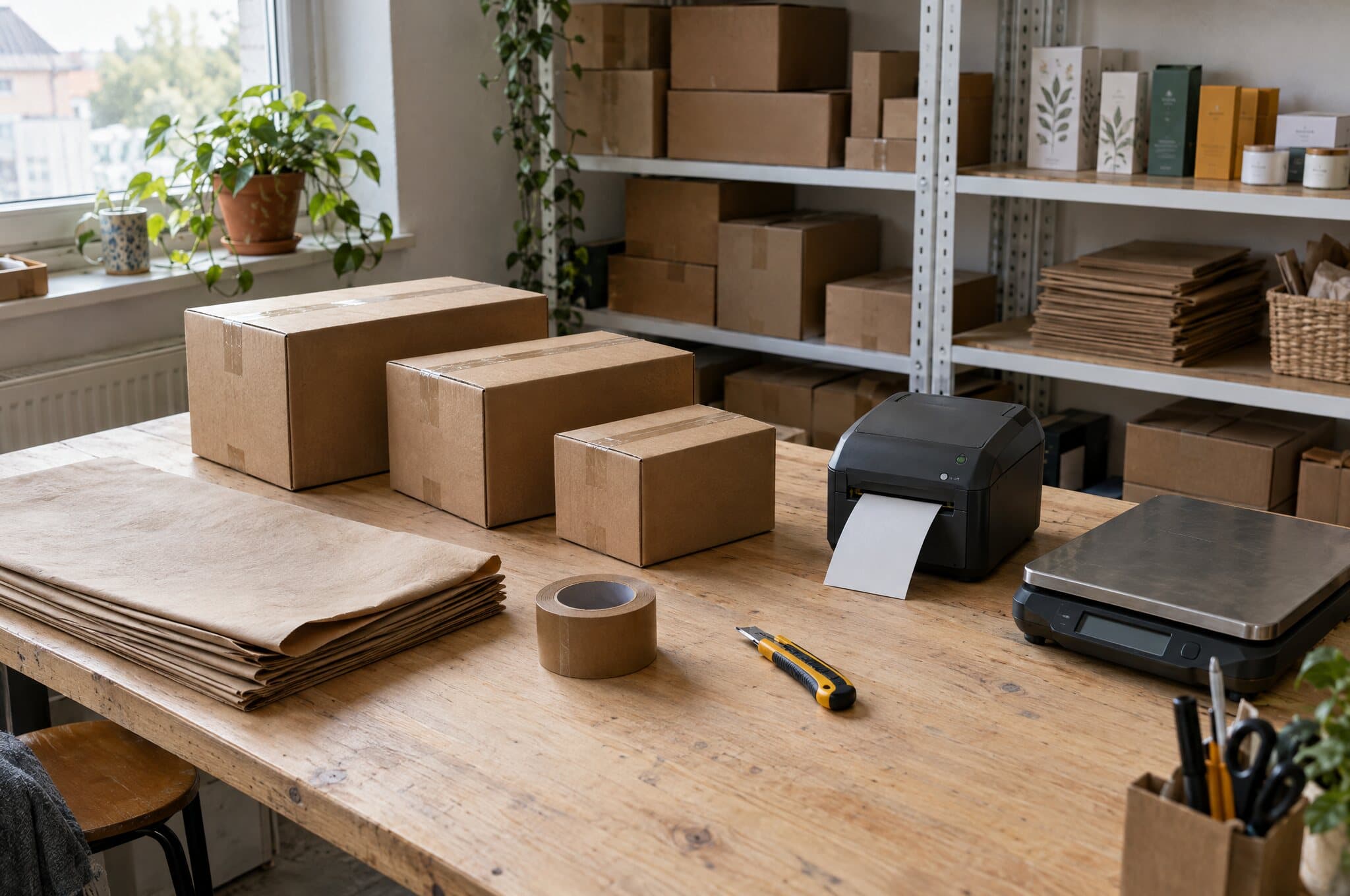Packplatz eines kleinen Onlineshops mit Kartons, Etikettendrucker und Paketwaage